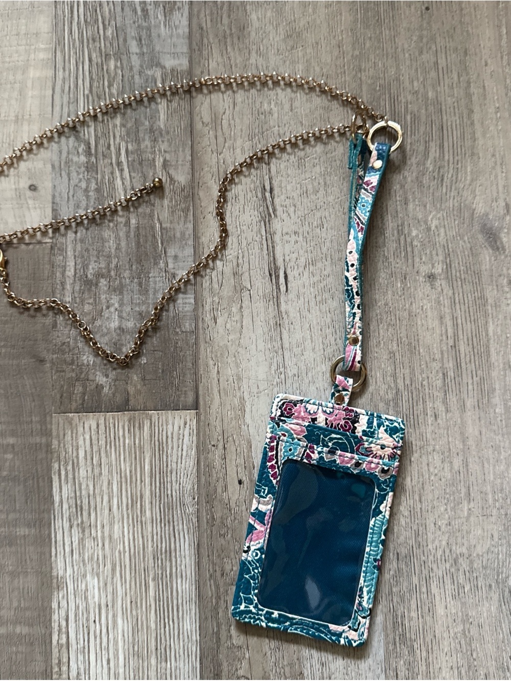 Teal Floral ID Card Holder with Gold Chain Strap